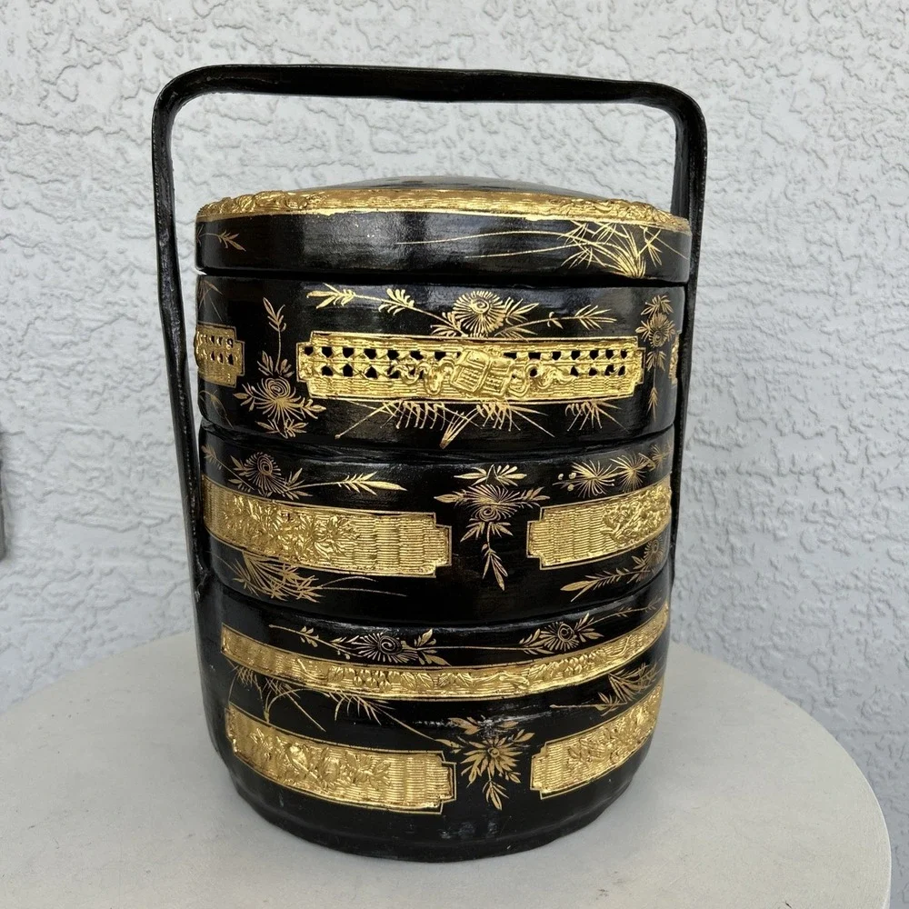 Large VTG Chinese Wedding Basket 3 Tier Black Gold Lacquer Asian Decor